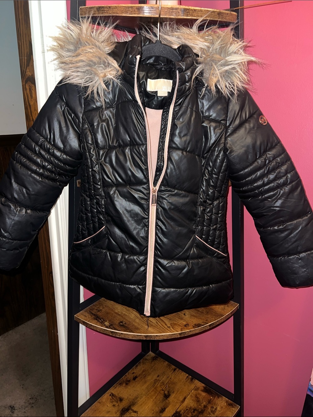MICHAEL Michael Kors Black Puffer Jacket with Faux Fur Trim and Pink Accents